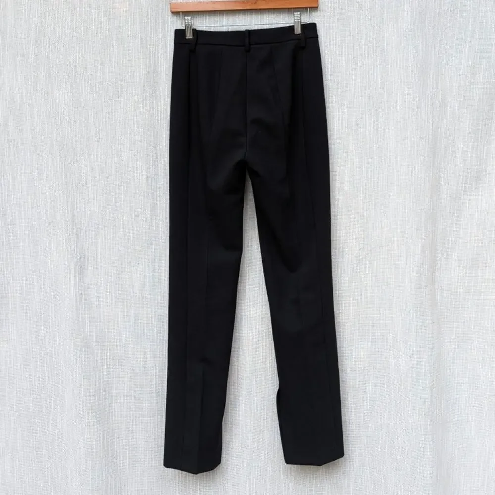 Zara Pants Womens XS Full Length Trousers Black Pleated Straight Leg Ankle Slit